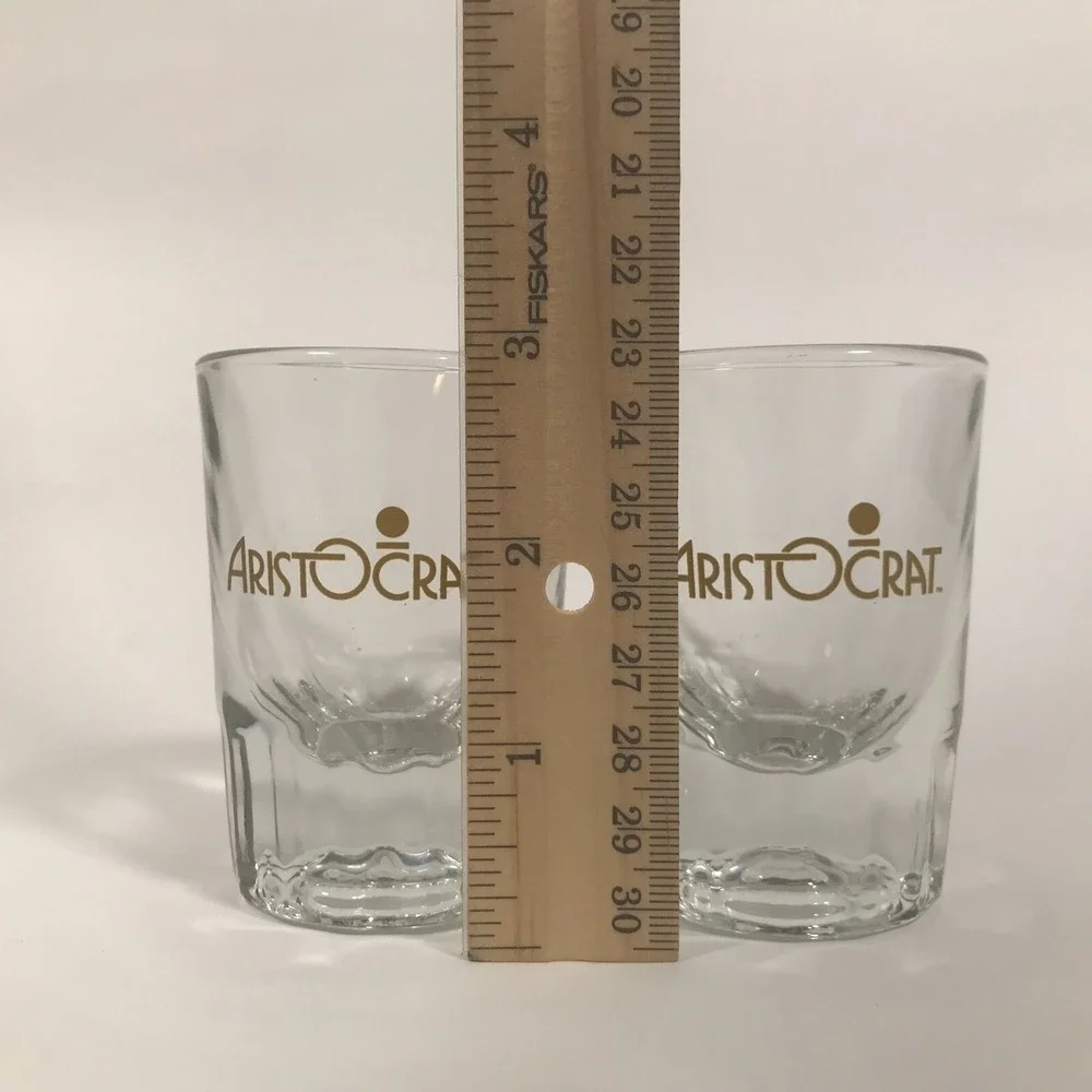 Aristocrat Vodka Shot Glasses Set of 2 Gold Logo Clear Fluted Base Barware